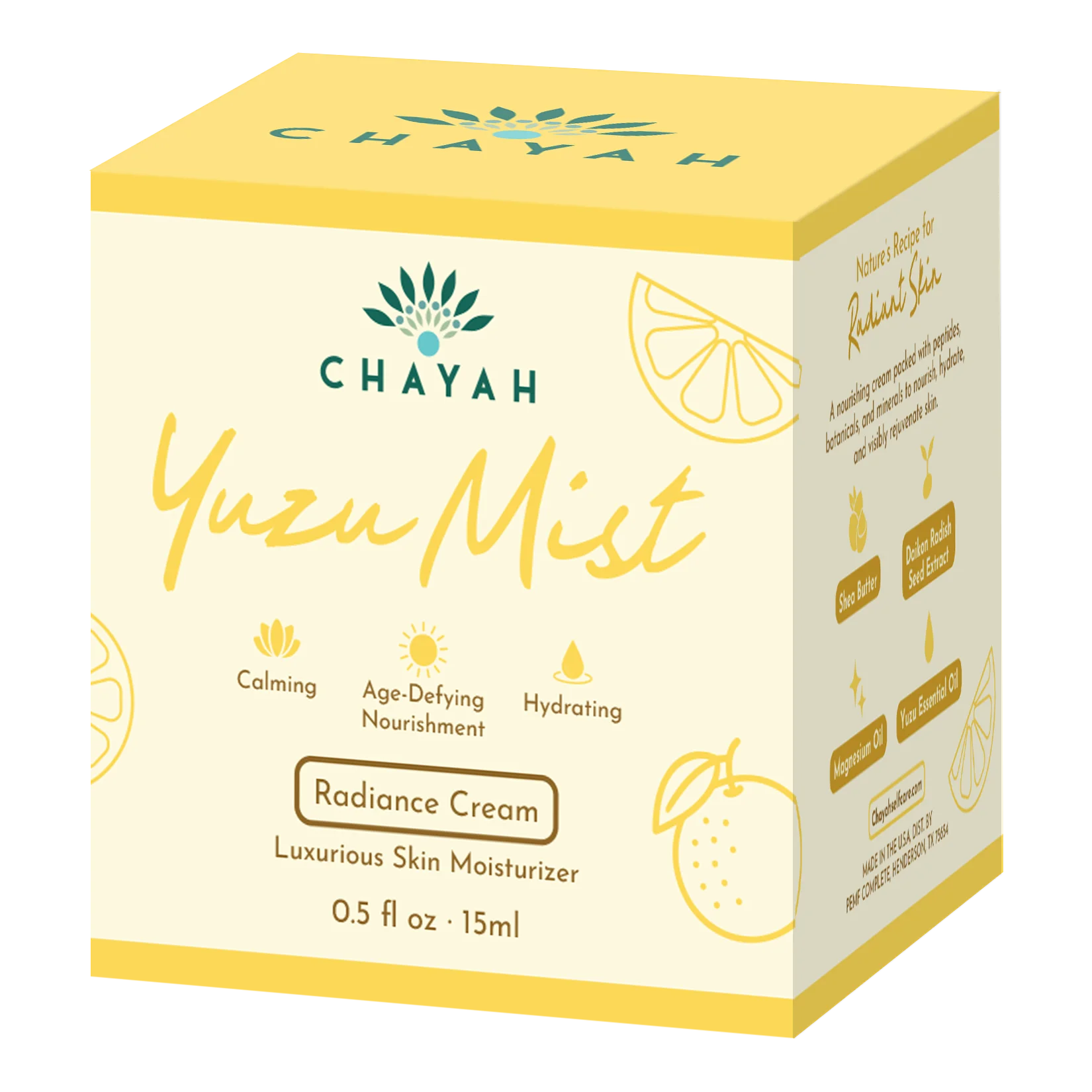 Chayah Yuzu Mist 15 mL Radiance Cream packaging box with branding and product details.