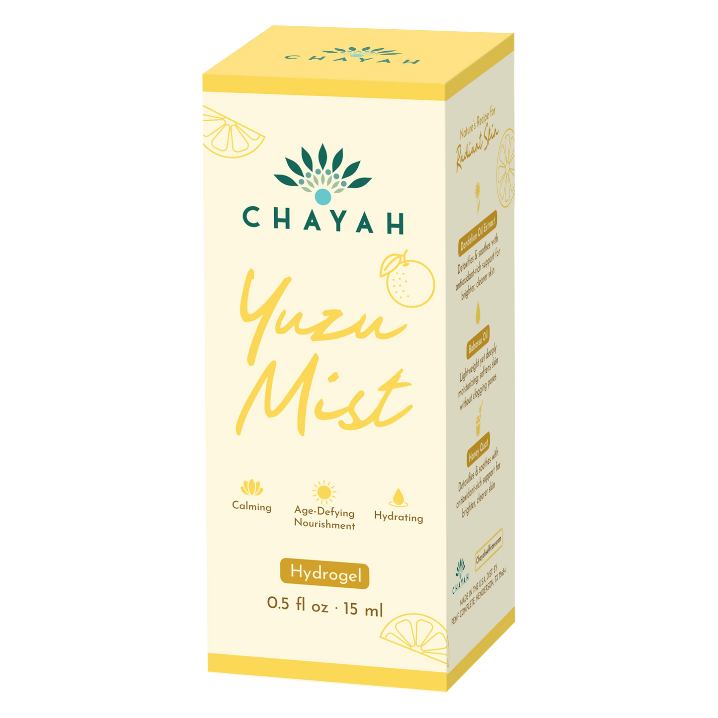Chayah Yuzu Mist 15 mL hydrogel packaging box with branding and product details.