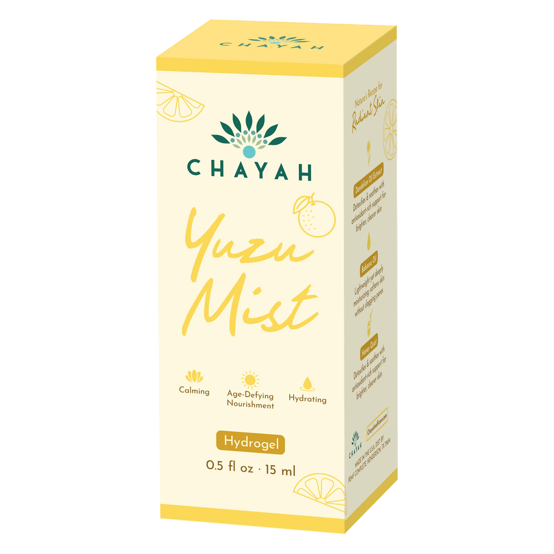 Chayah Yuzu Mist 15 mL hydrogel packaging box with branding and product details.