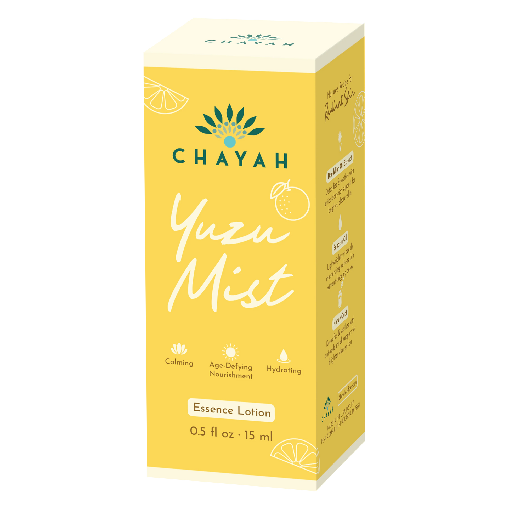 Chayah Yuzu Mist 15 mL Essence Lotion packaging box with branding and product details.