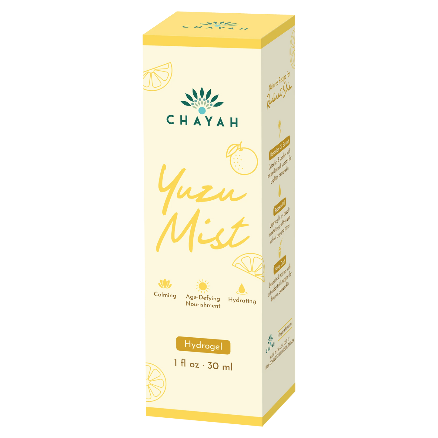 Chayah Yuzu Mist 30 mL hydrogel packaging box with branding and product details.