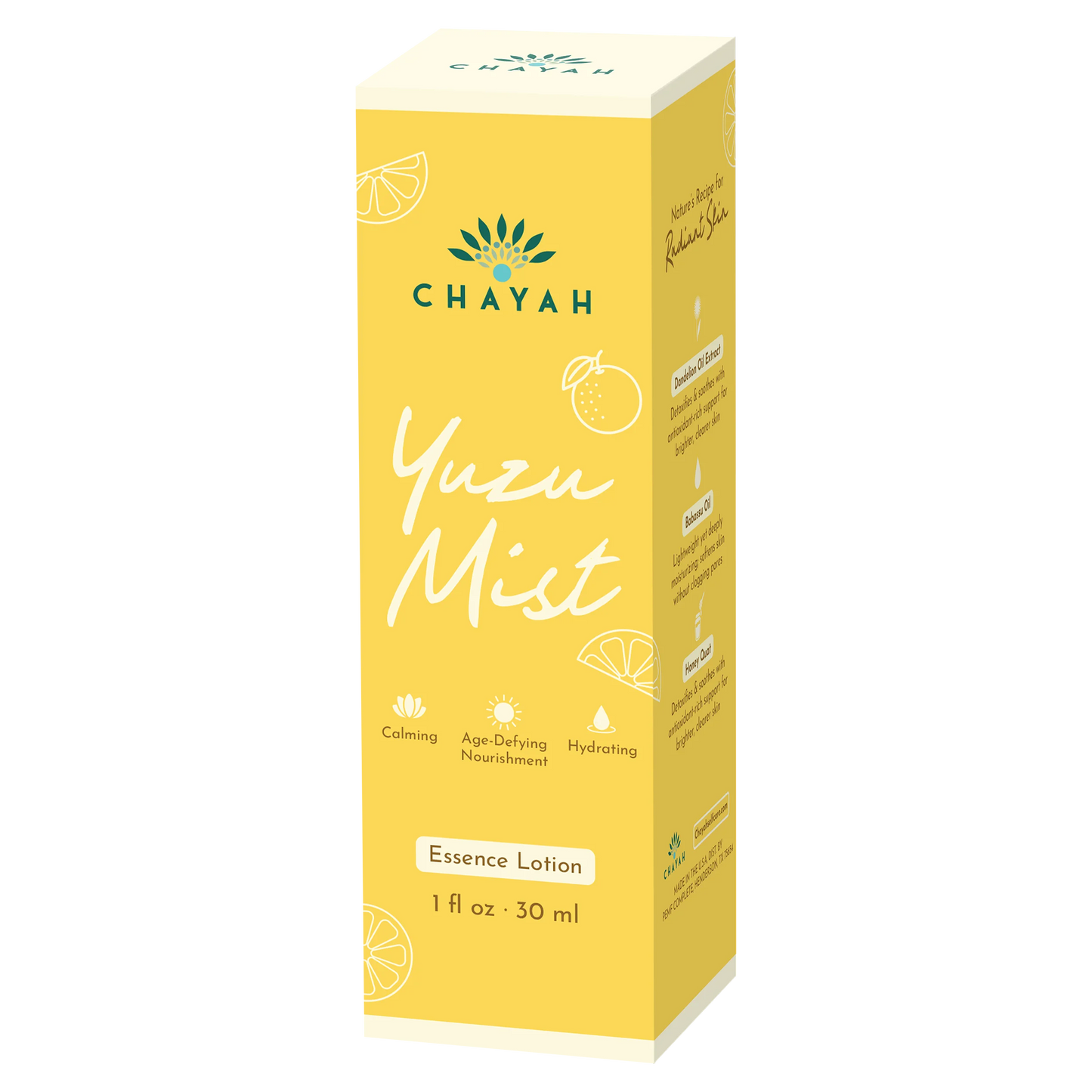 Chayah Yuzu Mist 30 mL Essence Lotion packaging box with branding and product details.