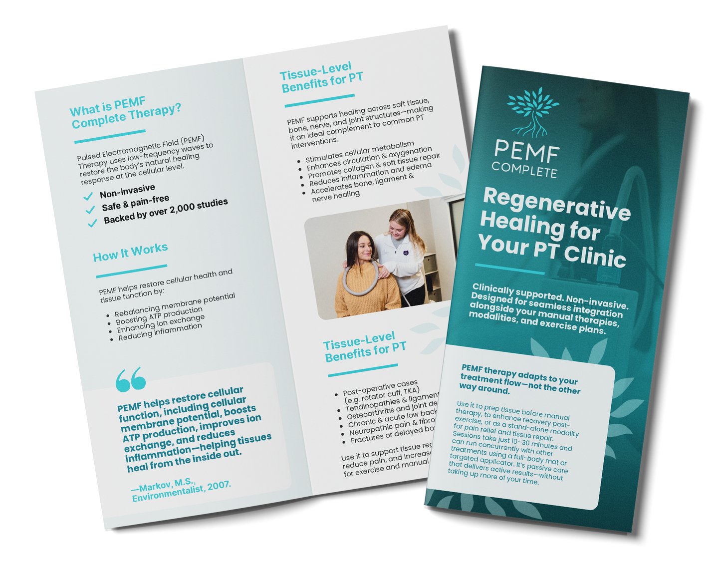 Bifold brochure about PEMF Complete Therapy for PT clinics