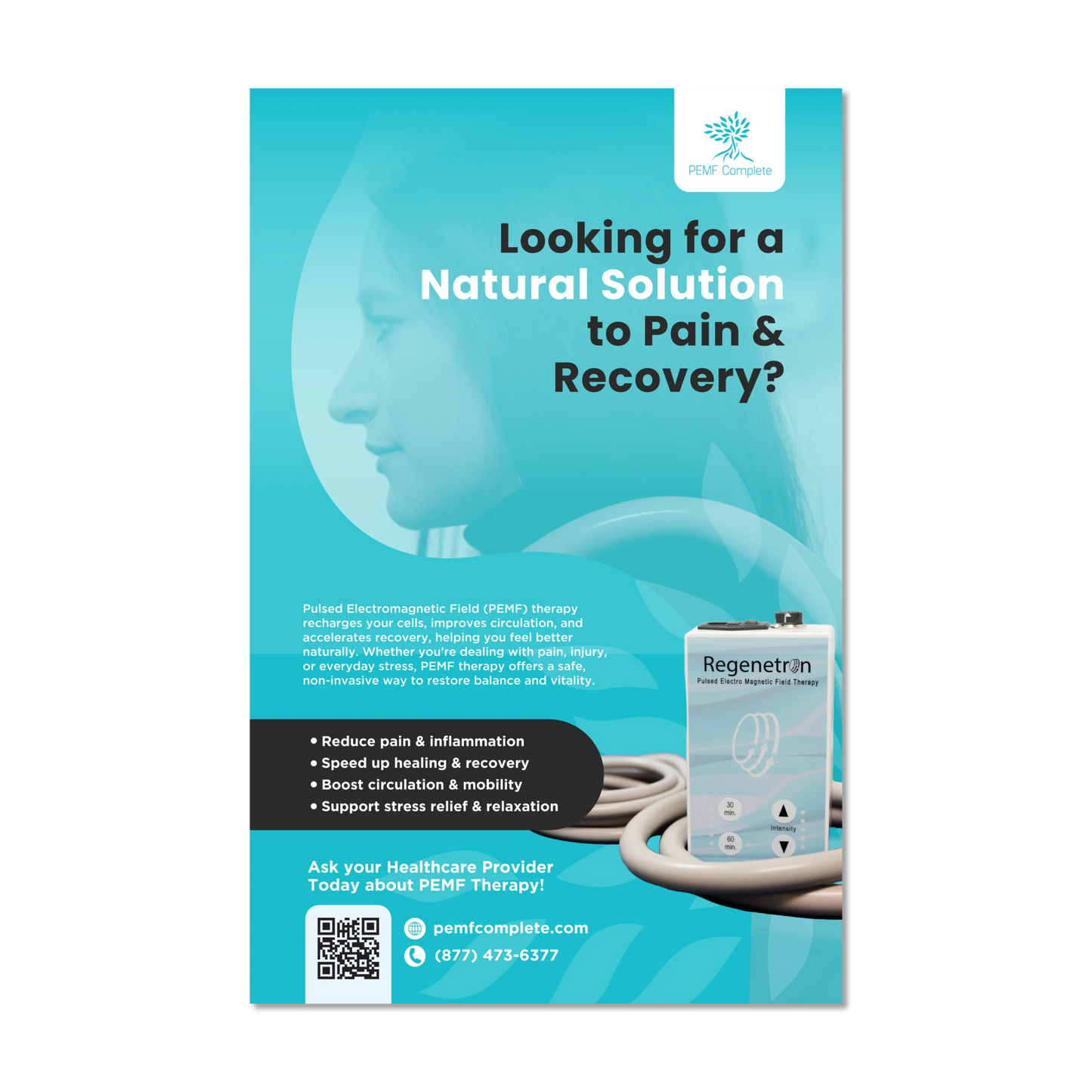 PEMF Complete poster advertising natural solution to pain and recovery with a Regenetron product image on a blue background