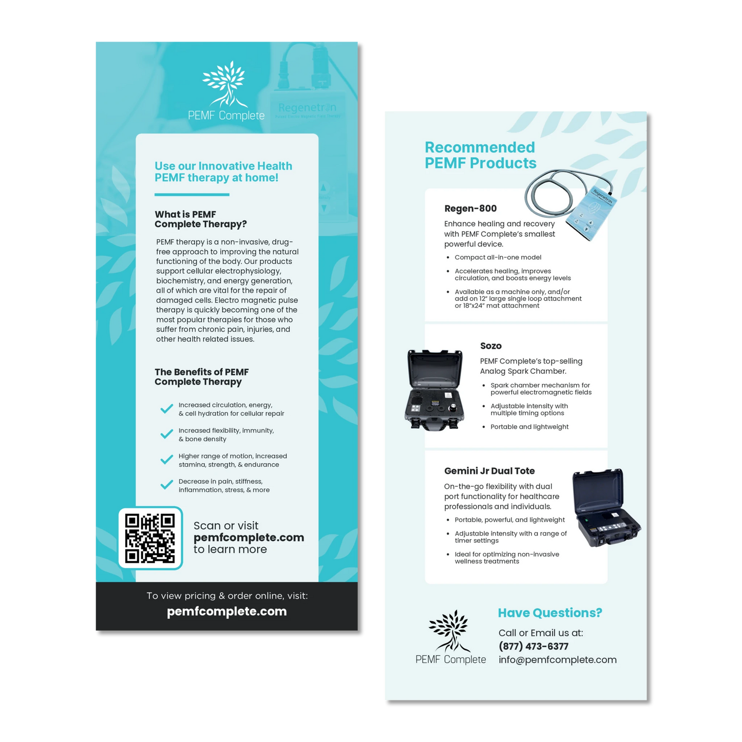 Promotional rack card, front and back, for PEMF Complete Therapy