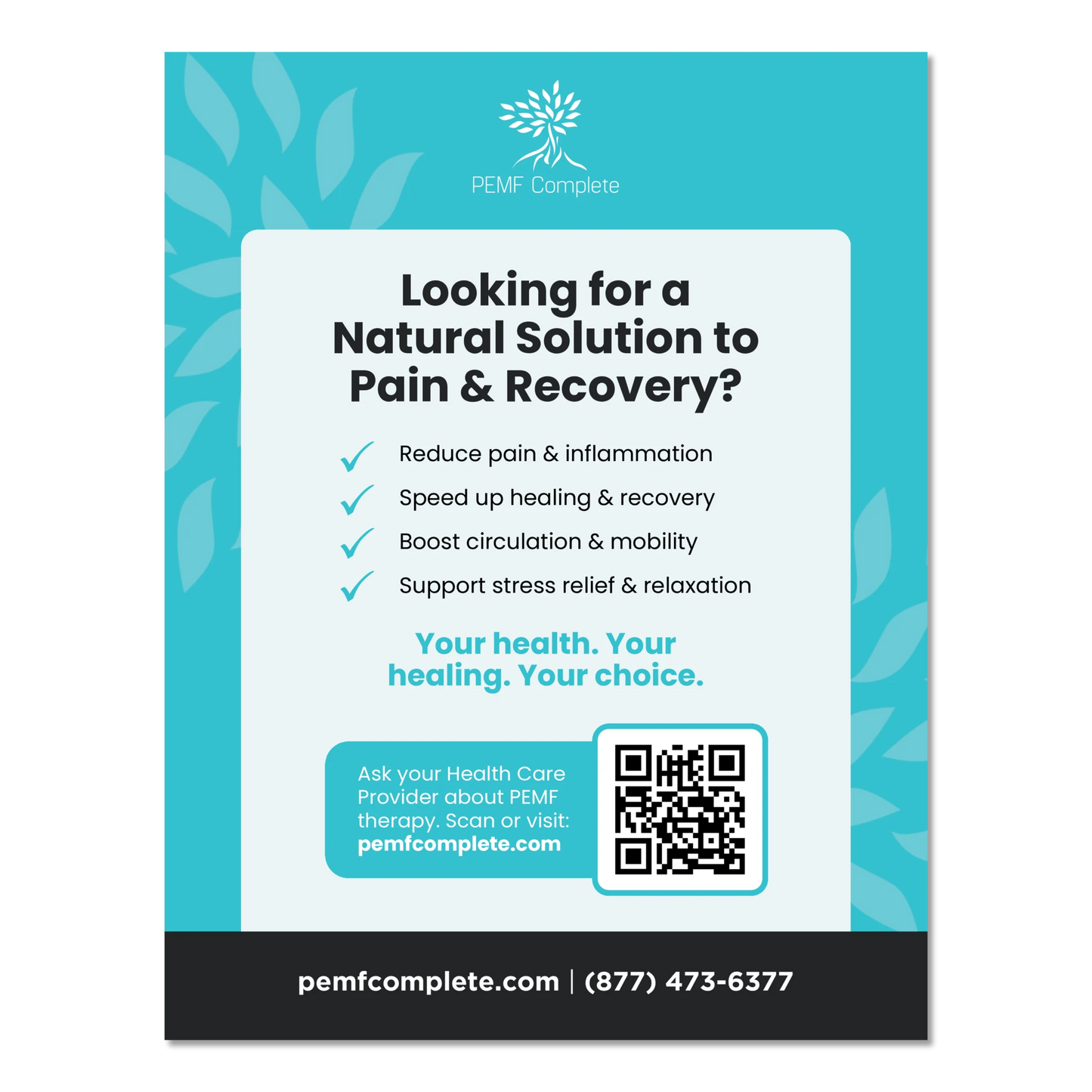 Advertisement for PEMF Complete with text about natural solutions for pain and recovery on a blue background.