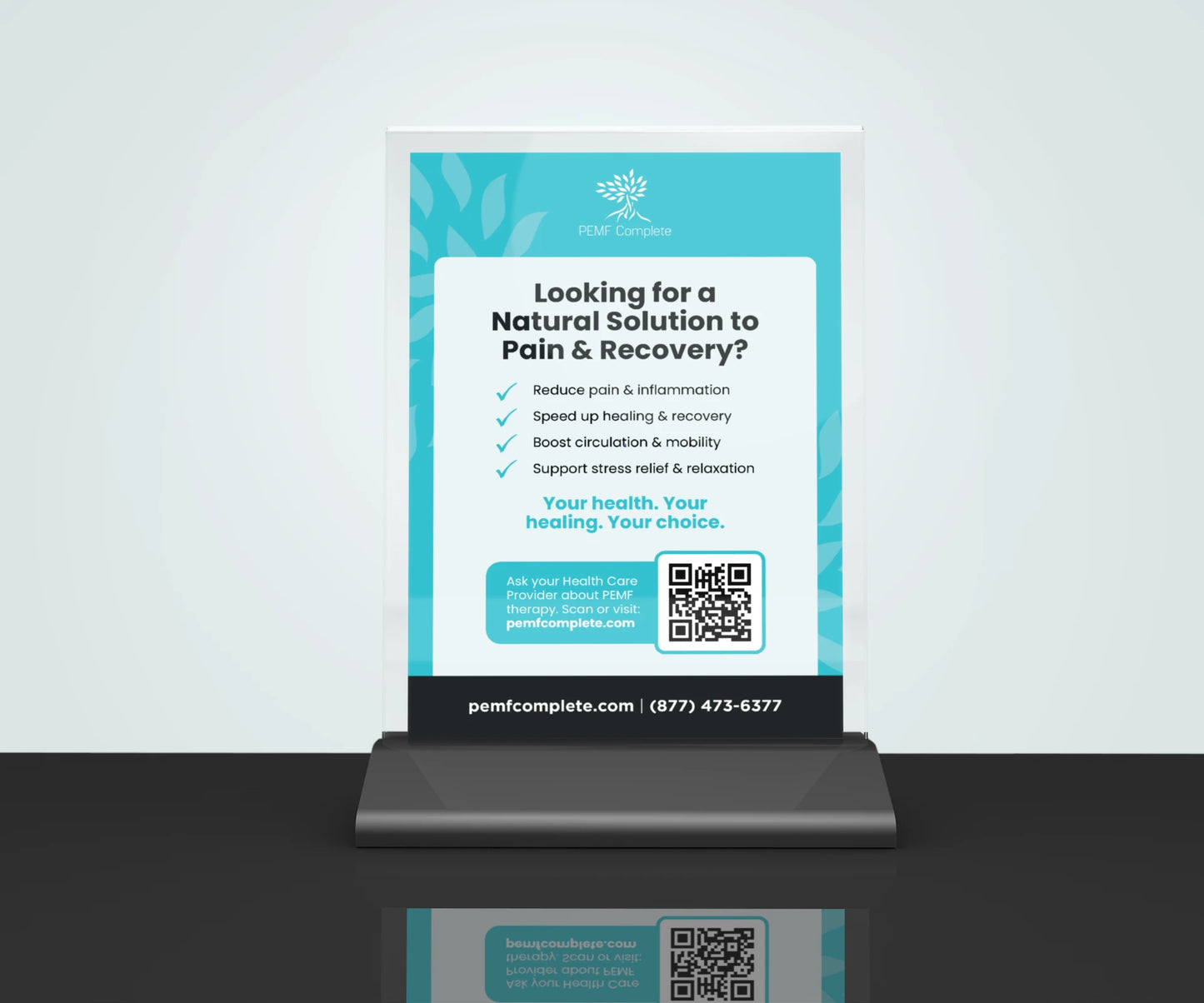 Promotional poster for a natural solution to pain and recovery on a stand with a QR code.