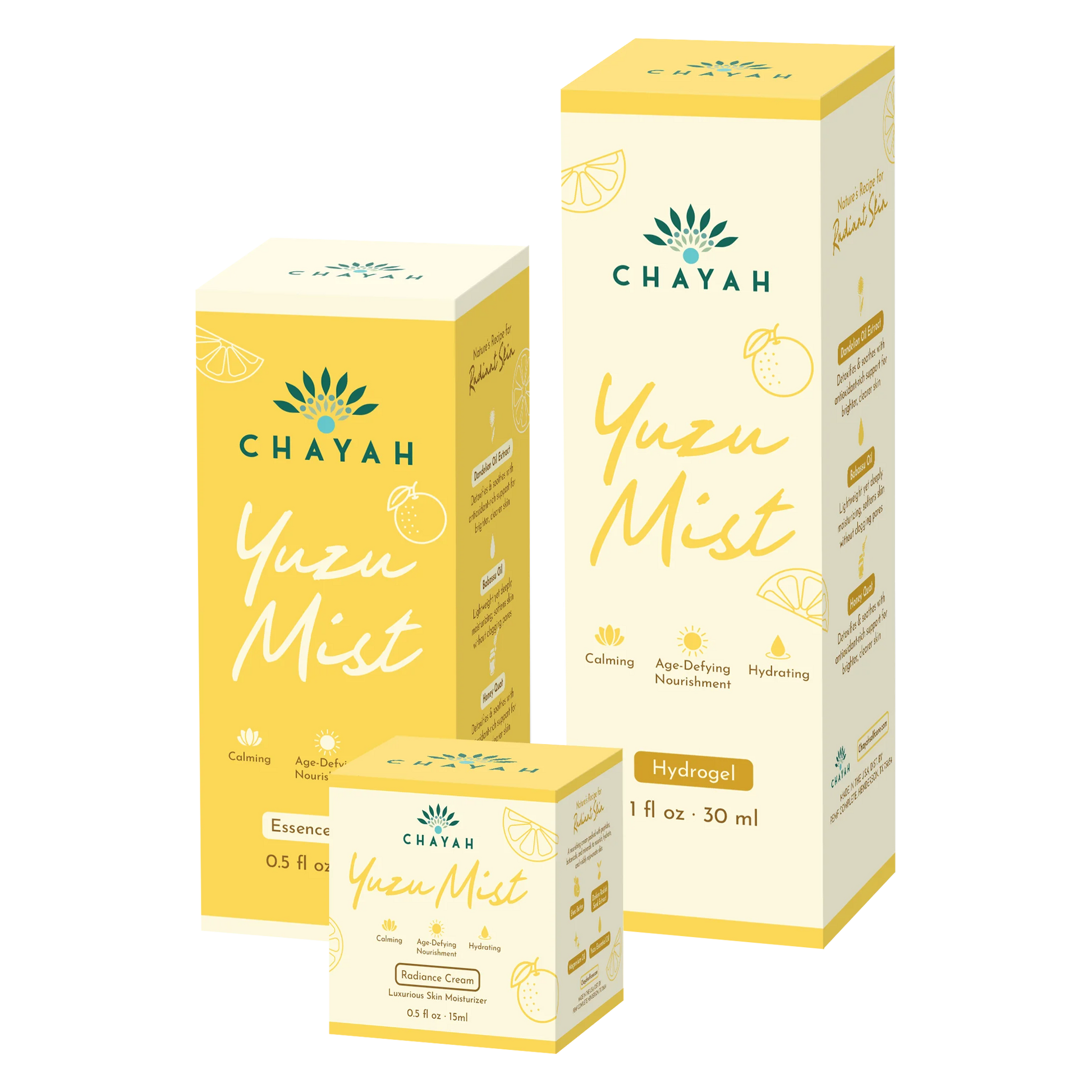 Chayah Yuzu Mist boxes - Radiance Cream, Essence Lotion, and Hydrogel