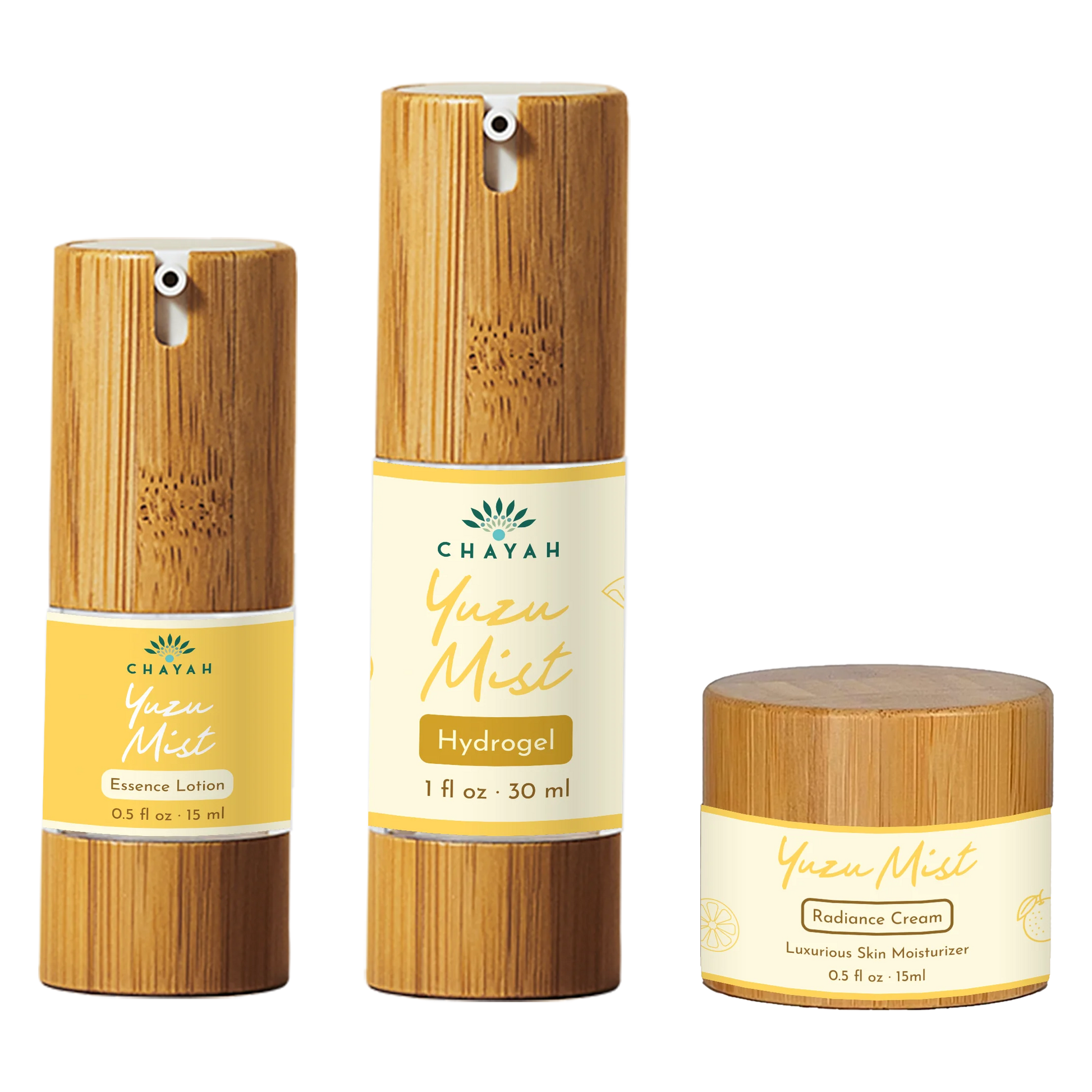 Three skincare product containers with bamboo design and Chayah branding