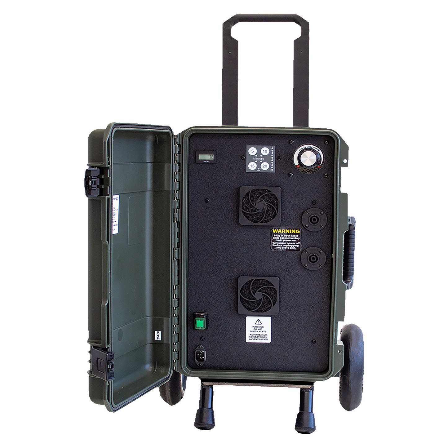 A portable PEMF device with handle, wheels, a gray-green casing, various controls and attachments