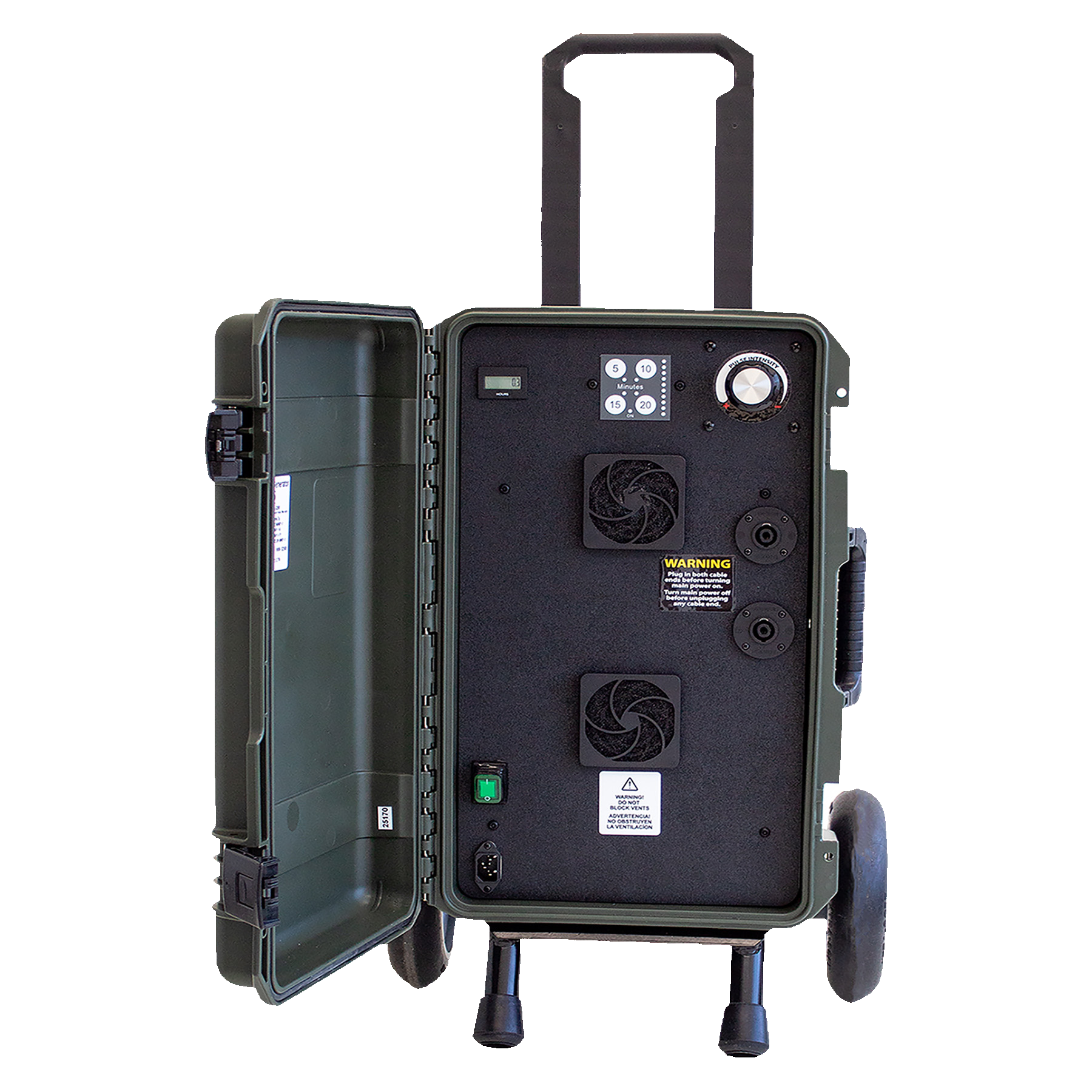 A portable PEMF device with handle, wheels, a gray-green casing, various controls and attachments