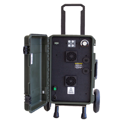 A portable PEMF device with handle, wheels, a gray-green casing, various controls and attachments