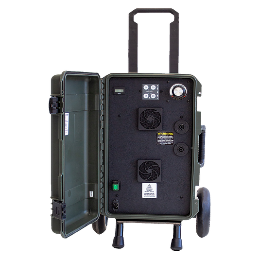 A portable PEMF device with handle, wheels, a gray-green casing, various controls and attachments