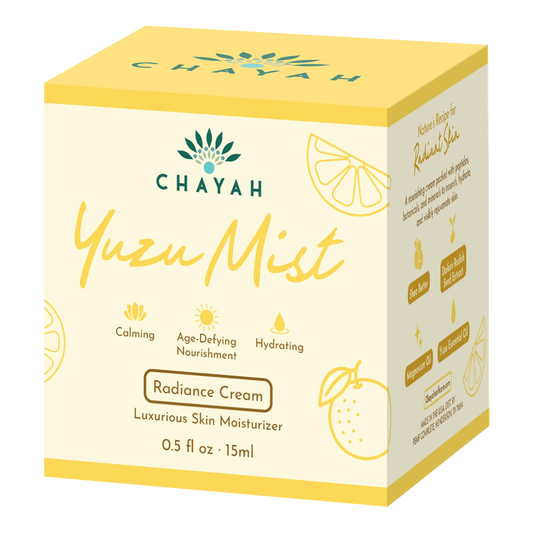 Chayah Yuzu Mist 15 mL Radiance Cream packaging box with branding and product details.