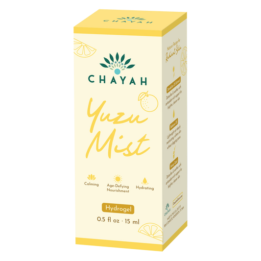 Chayah Yuzu Mist 15 mL hydrogel packaging box with branding and product details.