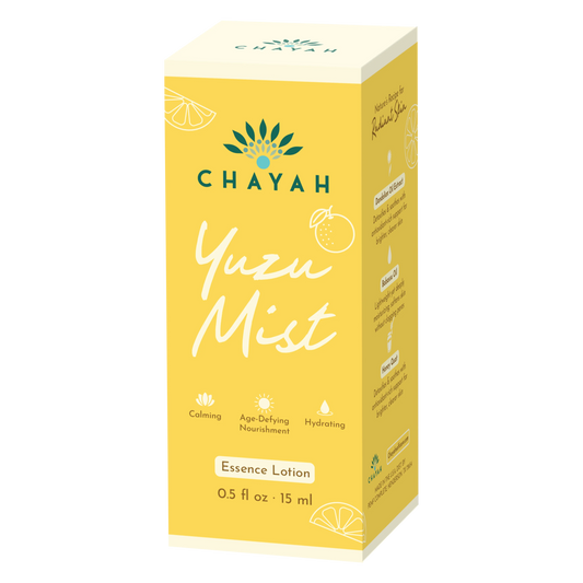 Chayah Yuzu Mist 15 mL Essence Lotion packaging box with branding and product details.