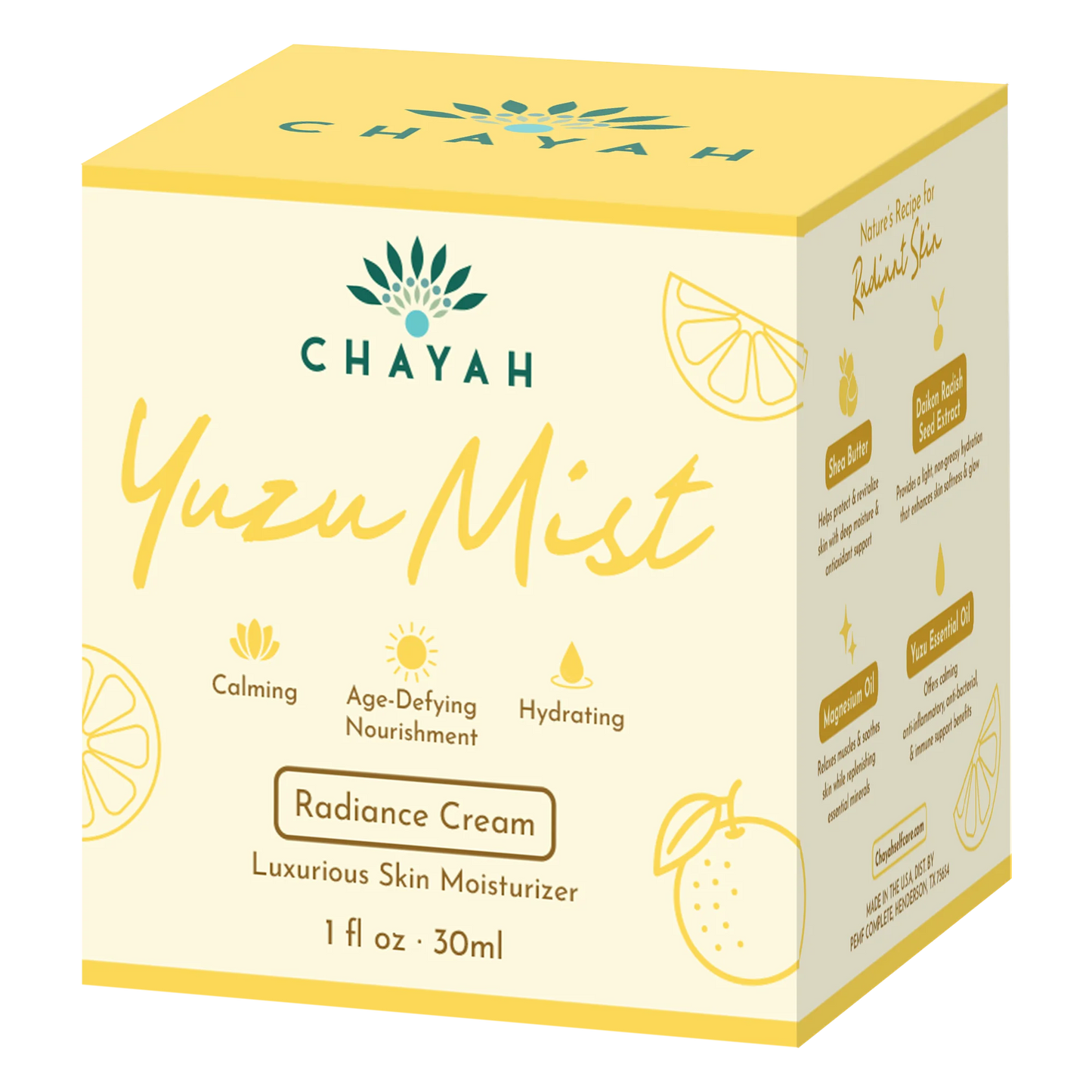 Chayah Yuzu Mist 30 mL Radiance Cream packaging box with branding and product details.