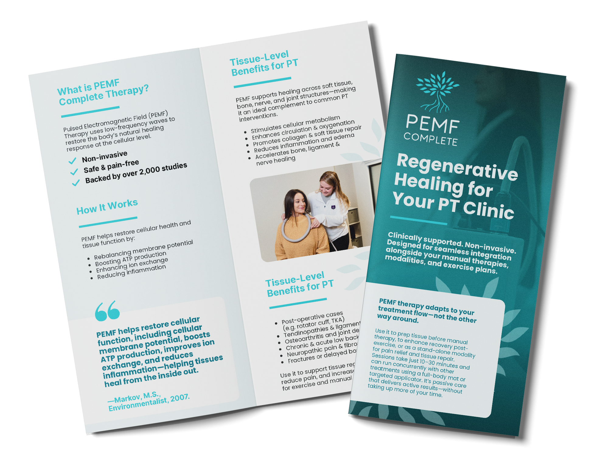 Bifold brochure about PEMF Complete Therapy for PT clinics