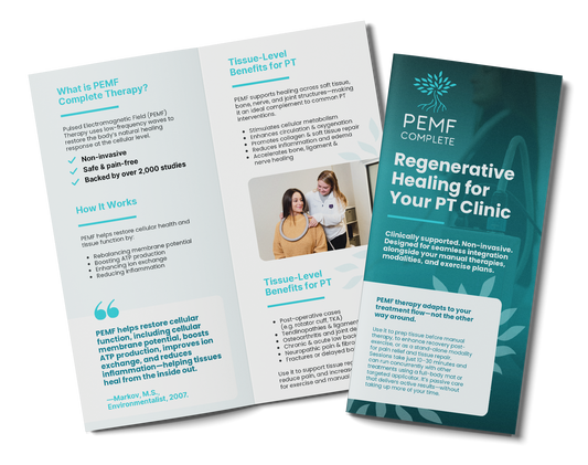 Bifold brochure about PEMF Complete Therapy for PT clinics