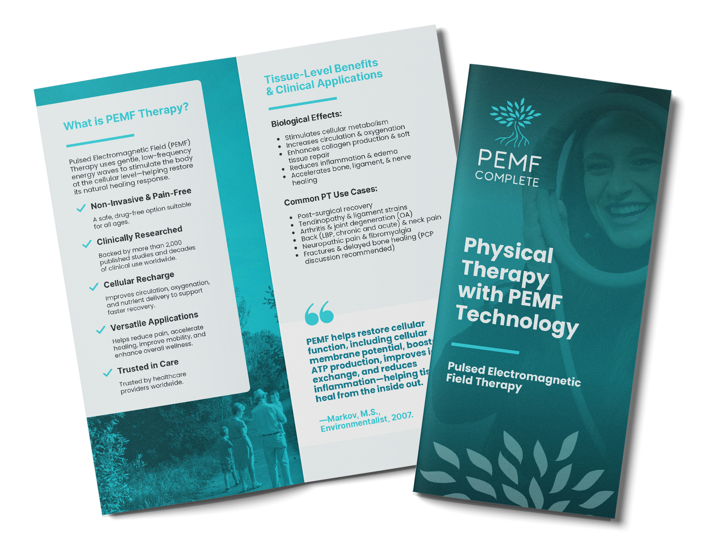 PEMF Complete (Pulsed Electromagnetic Field) Therapy 4 inch by 9 inch brochure with information about the benefits of PEMF