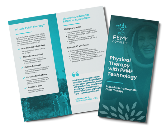 PEMF Complete (Pulsed Electromagnetic Field) Therapy 4 inch by 9 inch brochure with information about the benefits of PEMF