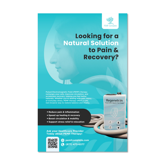 PEMF Complete poster advertising natural solution to pain and recovery with a Regenetron product image on a blue background