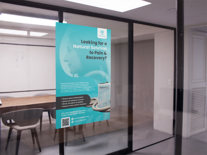 Teal PEMF Complete poster hanging on a glass wall in an office setting