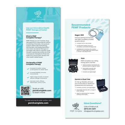 Promotional rack card, front and back, for PEMF Complete Therapy