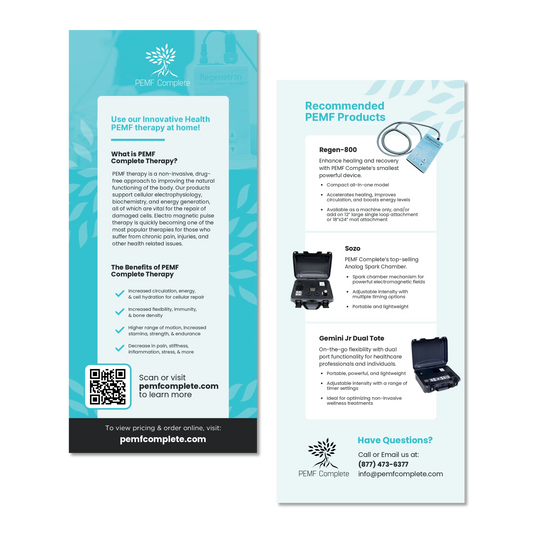 Promotional rack card, front and back, for PEMF Complete Therapy