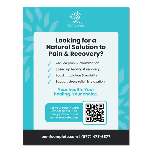 Advertisement for PEMF Complete with text about natural solutions for pain and recovery on a blue background.