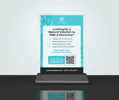 Promotional poster for a natural solution to pain and recovery on a stand with a QR code.
