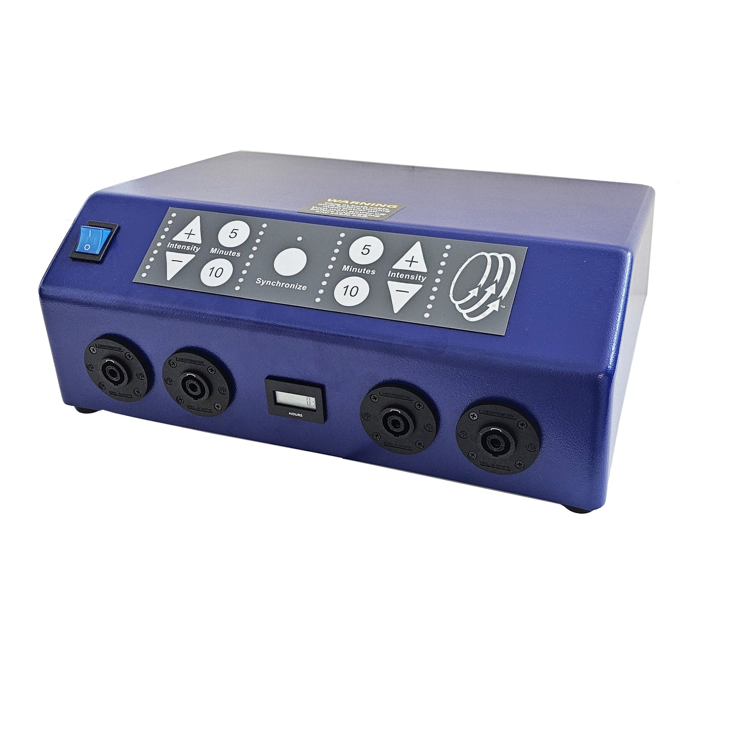 Blue PEMF therapy device with control panel showing intensity settings, timer buttons (5 and 10 minutes), synchronize function, and four output ports