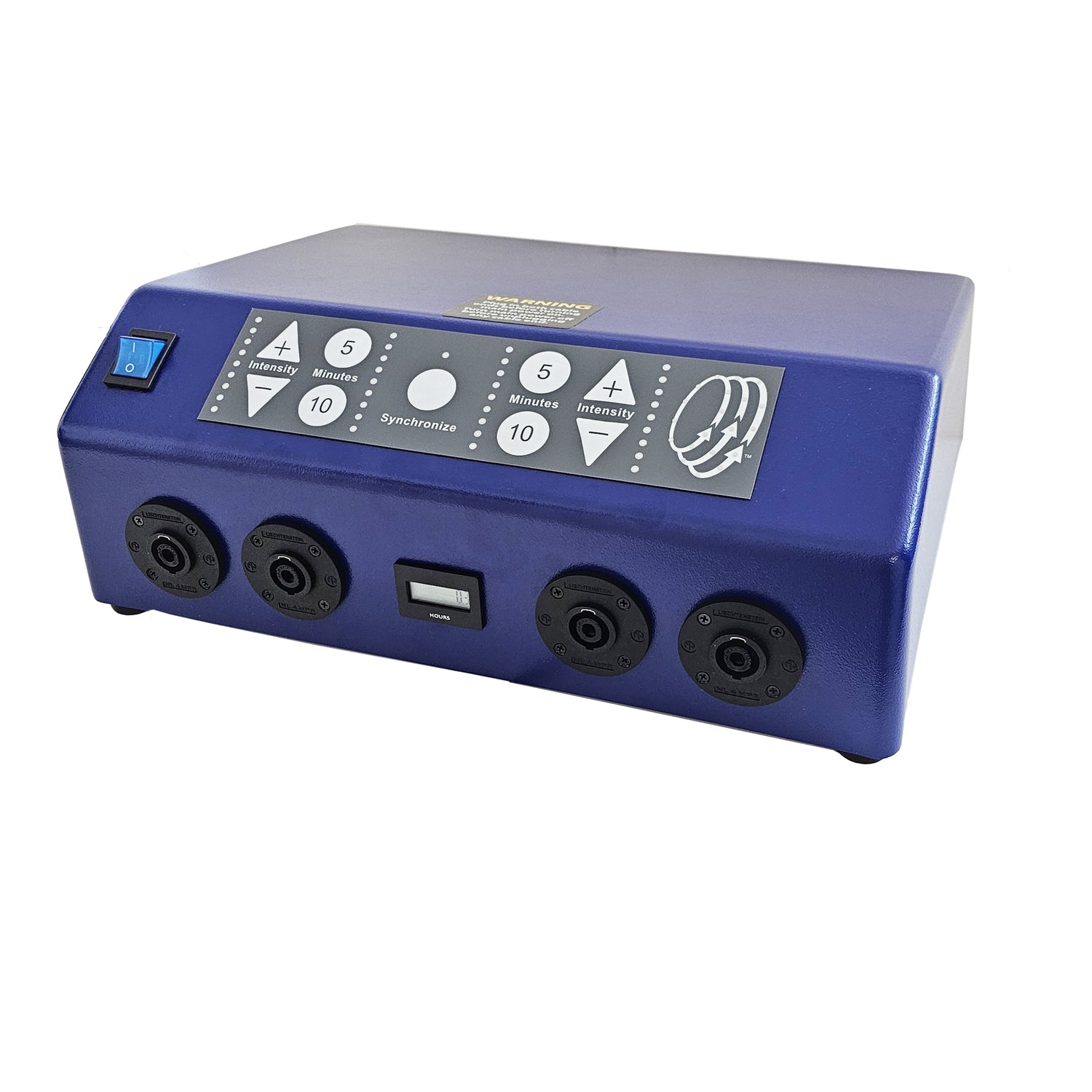 Blue PEMF therapy device with control panel showing intensity settings, timer buttons (5 and 10 minutes), synchronize function, and four output ports