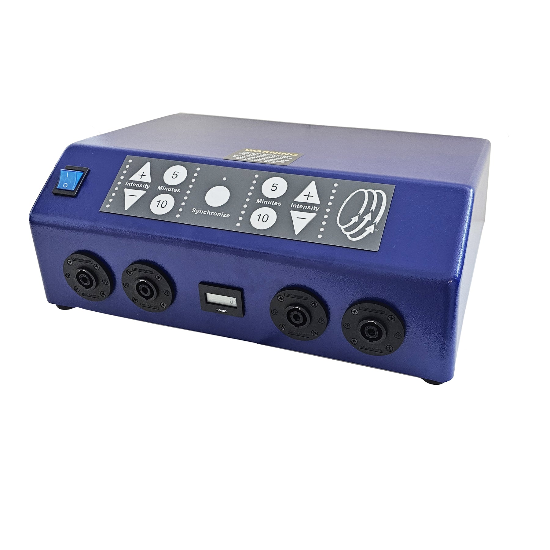 Blue PEMF therapy device with control panel showing intensity settings, timer buttons (5 and 10 minutes), synchronize function, and four output ports