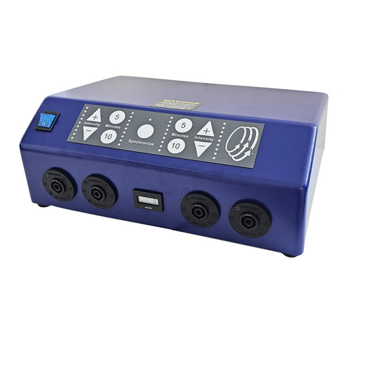 Blue PEMF therapy device with control panel showing intensity settings, timer buttons (5 and 10 minutes), synchronize function, and four output ports