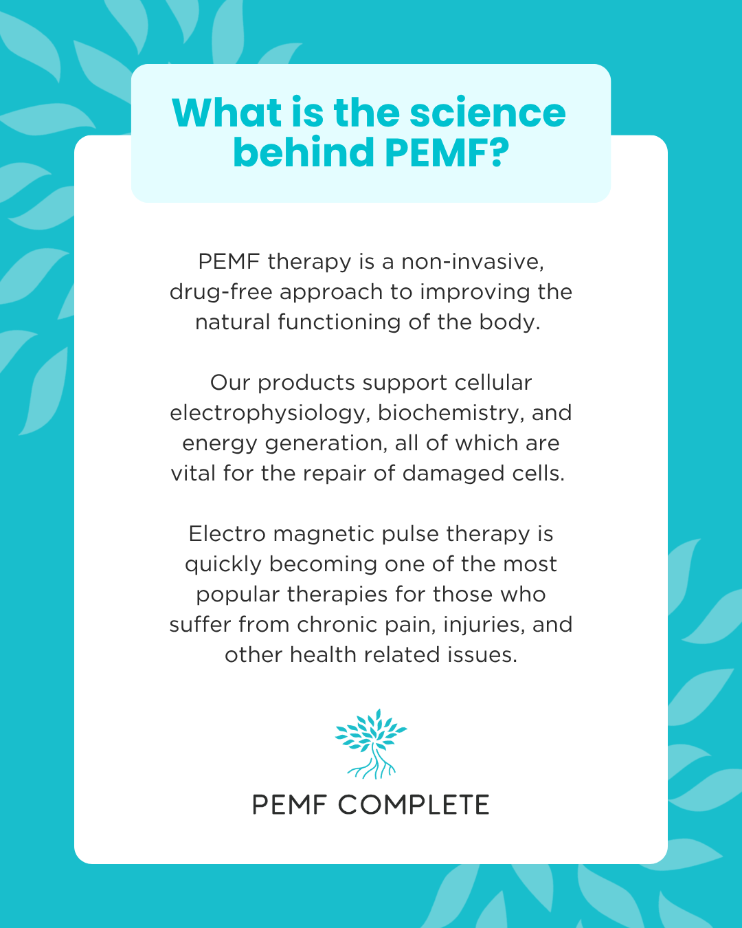 PEMF science explanation card describing electromagnetic pulse therapy as non-invasive, drug-free treatment for cellular repair